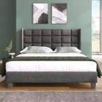Kodise lit capitonn 140x200 cm lit double lit adulte - avec sommier  lattes en bois - tissu lin - gris ...