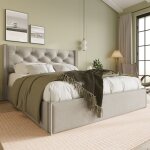Kodise lit coffre 160x200 cm lit capitonn� lit adulte - avec sommier � lattes m�talliques - coton - gris ...