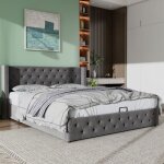 Kodise lit coffre 160x200 cm lit capitonn� lit double - tissu velours - avec sommier � lattes - gris