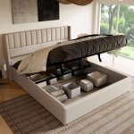 Kodise lit coffre 160x200 cm lit rembourr� lit double - tissu lin - avec t�te de lit et sommier � lattes ...