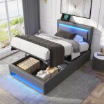 Kodise lit coffre 90x190 cm lit simple lit ado - mati�re pu - avec port usb et �clairage led - gris