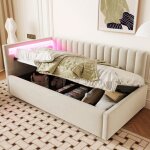 Kodise lit coffre 90x200 cm lit rembourr� canap� - lit - tissu velours - avec �clairage led - sommier ...