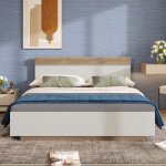 Kodise lit double en bois 180x200 cm lit adulte - cadre de lit et sommier � lattes - ch�ne et blanc - ...