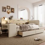 Kodise lit enfant 90x200 cm lit banquette avec bureau et 2 tiroirs prise usb - lin beige - sans matelas ...