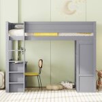 Kodise lit mezzanine 90x200 cm lit enfant lit ado - pin - avec armoire bureau et tiroirs - gris