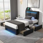 Kodise lit avec tiroirs 90x190 cm lit rembourr lit ado - pu noir - avec clairage led et port usb - ...