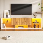 Kodise meuble tv 160 cm meuble tv moderne avec 2 tiroirs et �tag�res en verre �clairage led - blanc et ...