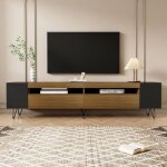 Kodise meuble tv 180 cm - aspect noir et bois - avec compartiments de rangement ouverts - pour salon ...