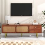 Kodise meuble tv bas meuble tv de salon - avec 2 portes coulissantes en rotin et 2 tiroirs - pieds en ...