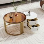 Kodise table basse gigogne ronde 2 en 1 - 1 plateau blanc et 1 plateau marron transparent - 2 tiroirs ...