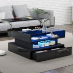 Table basse relevable - kodise - mod�le 80x80 - noir brillant - 2 tiroirs & rangement - �clairage led ...
