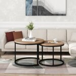 Kodise tables basses rondes gigognes - lot de 2 - plateau en couleur chne - cadre en acier forg - pour ...