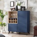 Buffet bas komodee fondi avec casier a vin bleu bois clair 90 x 35 x 102 cm