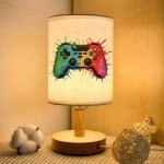 Lampe de chevet manette de jeu lampe de chevet 3 couleurs base en bois abat jour rond en lin lampe de ...