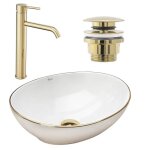 Lavabo rea sofia lavabo monolite blanc 41x41x15cm + robinet de salle de bain lungo dor + bonde dor