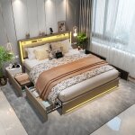 Lit led double 140x200 avec rangement - 1 type - c & 2 usb - lit capitonn� - t�te de lit avec rangement ...