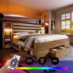 Lemonbest lit coffre 160�200 en bois massif ch�ne naturel avec led ports usb / type?c et tiroirs