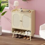 Lemonbest meuble � chaussures � deux portes 68x35x90 cm bois et tressage en rotin avec rangement et �tag�re ...