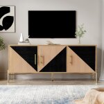 Lemonbest meuble tv avec portes aspect bois et corps noir structure en m�tal avec traverse et �tag�res ...
