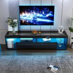 Lemonbest meuble tv moderne 180 cm avec �clairage led 2 tiroirs meuble t�l� noir haute brillance table ...