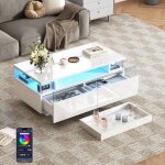 Lemonbest table basse blanche brillante avec plateau et led 2 tiroirs en verre tremp� 90 x 45 x 355 cm ...