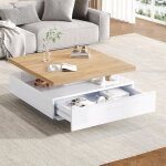 Lemonbest table basse carr�e 70�70�36 cm ? plateau pivotant 360� tiroir blanc & noyer