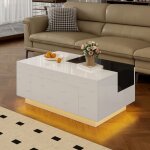 Lemonbest table basse led brillante 805035cm table de salon avec plateau extensible et tiroir rangement ...