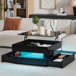 Lemonbest table basse relevable led 65 x 65 cm noir - 2 tiroirs rangement dissimul� plateau relevable ...
