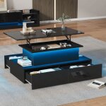 Lemonbest table basse relevable led 90 x 55 x 41cm table de salon moderne salon avec 4 grand tiroirs ...