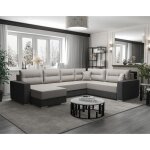 Leslie - canap panoramique dangle rversible 7 places convertible avec coffre en tissu - gris