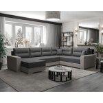 Leslie - canap panoramique dangle rversible 7 places convertible avec coffre en tissu - gris fonc