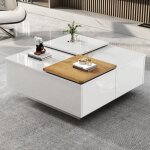 Leytn table basse carr�e moderne brillante 75 x 75 x 335 cm avec 4 tiroirs - blanc