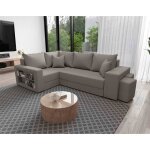 Libbie - canap dangle gauche 4 places convertible avec coffre tagre et poufs en tissu - gris