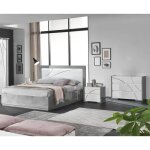 Chambre 160x200cm blanche et gris béton lit avec leds + 2 chevets + commode - lineal Chambre 160x200cm blanche et gris béton lit avec leds + 2 chevets + commode - lineal