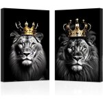 Lion et lionne avec couronne poster animal noir et dor� d�coration dart pour chambre � coucher d�coration ...