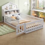 Lit 1 personne 90x200 cm en bois massif lit enfant avec tagres et espace de rangement avec barrire ...