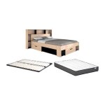 Lit 140 x 190 / 200 cm avec t�te de lit et rangements - coloris : naturel et noir + sommier + matelas ...