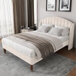 Lit 140 x 190 avec sommier lit cadre double en velours avec tête de lit à lattes en bois massif beige ... Lit 140 x 190 avec sommier lit cadre double en velours avec tête de lit à lattes en bois massif beige ...