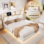 Lit 140 x 190cm avec led et 2 prises & 2 ports usbt�te de lit rembourr�e avec rangement effet flottanttissu ...