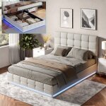 Lit 140 x 200 cm avec led et rangement hydraulique lit coffre avec sommier � lattes et t�te de lit blanc ...