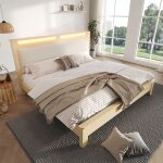 Lit - 140 x 200 cm - t�te de lit rangement avec led - velours c�tel� ch�ne clair - sommier � lattes inclus ...