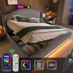 Lit 140 x 200 avec sommier et matelas led lit coffre t�te de lit rembourr�e ports usb lit 2 personnes ...