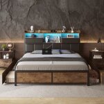 Lit double 140 x 200 cm avec espace de rangement t�te de lit en pu avec led et usb lit coffre 4 tiroirs ...