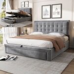 Lit coffre 140x190 cm - langtu - style europ�en simple - velours gris - 2 tiroirs & coffre - sommier ...