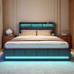 Lit 140x190 cm avec 4 tiroirs - avec led et usb - lit coffre avec rangement - 2 personnes - en mtal ...