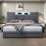 Lit 140x190 cm - tanant - lit adulte avec led - 3 tiroirs - tissu velours gris - 2 places