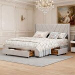 Lit 140x190 cm avec sommier  lattes cozy lit adulte avec 3 tiroir cadre de lit double tissu en lin 140x190 ...