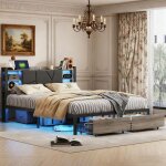 Lit 140x190 cm - cozy - cadre de lit adulte - led int�gr�e - tiroirs de rangement - m�tal noir