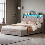 Lit 140x190 cm avec sommier � lattes - cozy - led - 2 tiroirs - cadre de lit adulte 140x190 cm - tissu ...