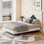 Lit flottant 140x190 cm - cozy - velours blanc cass� - led rgb - charge usb - design moderne
